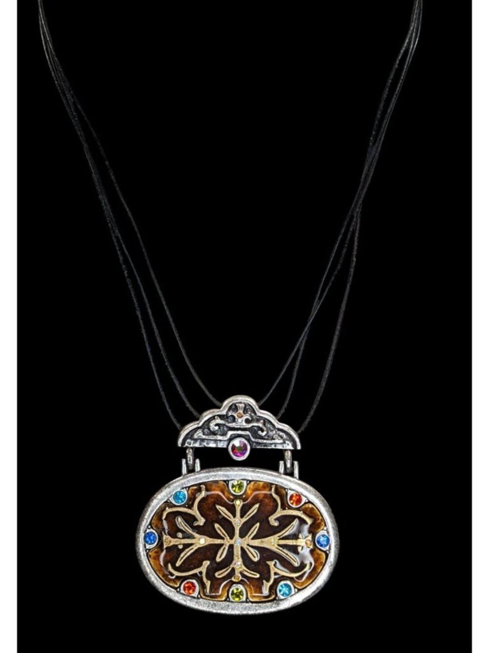 Vintage Chico's Enamel Pendant Necklace Rhinestone Brown Silver Folk Art